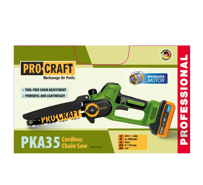 Акумуляторна пила Procraft PKA35 мініпила сучкоріз ланцюгова безщіткова садова портативна для дерева обрізки гілок кущів дощок колод заготівлі дров 20 В 4 А·год шина 152 мм швидкість 8 м/с безінструментальне натягування - Фото 3 Акумуляторна пила Procraft PKA35 мініпила сучкоріз ланцюгова безщіткова садова портативна для дерева обрізки гілок кущів дощок колод заготівлі дров 20 В 4 А·год шина 152 мм швидкість 8 м/с безінструментальне натягування - зображення 3