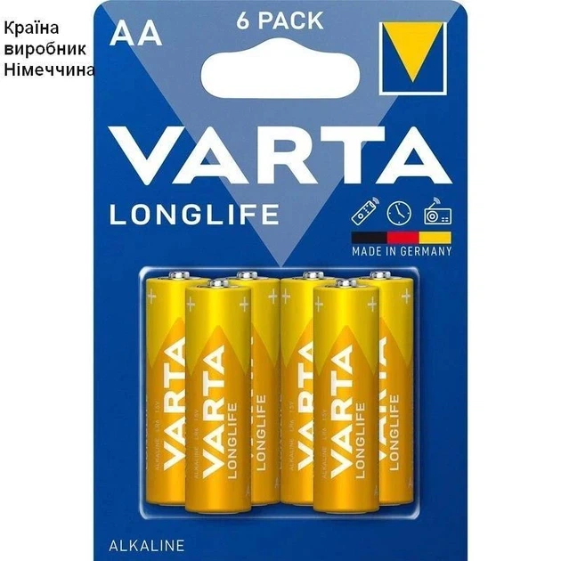 Батарейки алкалінові VARTA LONGLIFE LR06/AA 1,5 V, 6 шт. - Фото 2 Батарейки алкалінові VARTA LONGLIFE LR06/AA 1,5 V, 6 шт. - зображення 2