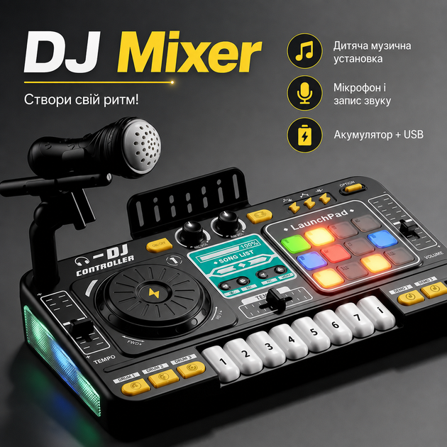 Дитяча музична установка з діджейським пультом DJ Mixer піаніно з мікрофоном та записом звуку на акумуляторі з USB 8D8A - Фото 1 Дитяча музична установка з діджейським пультом DJ Mixer піаніно з мікрофоном та записом звуку на акумуляторі з USB 8D8A - зображення 1
