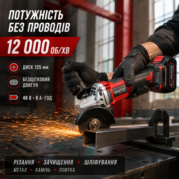 Болгарка аккумуляторная для резки металла бесщеточная шлифмашина КШМ 125 мм 48 В 8 А·час 12000 об мин два аккумулятора диски зарядка кейс - изображение 3