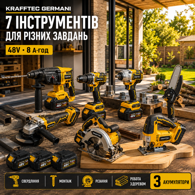 Набор аккумуляторных инструментов 7в1 бесщеточный шуруповерт веткорез болгарка перфоратор гайковерт циркулярная пила лобзик 48 В 8 Ач комплект электроинструмента УШМ 125 мм SDS Plus 4.2 Дж 850 Нм три батареи желтый - изображение 3