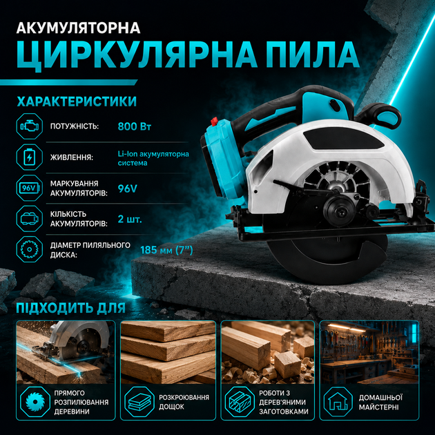 Акумуляторна циркулярна пила DOMOTEC 7″ 96V Дискова електропилка 800 Вт для деревини Ручний інструмент із пропилом до 45 мм Бездротова модель з двома батареями - зображення 4