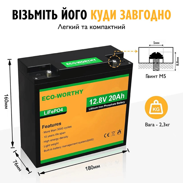 Аккумулятор Eco-Worthy LiFePO4 12.8V 20Ah 256Wh с BMS для инверторов ИБП и солнечных электростанций - изображение 2