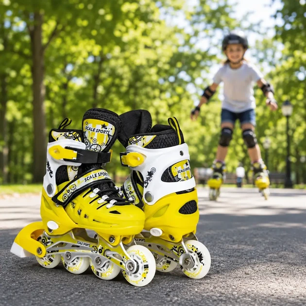 Раздвижные ролики с подсветкой колес размер 34-37 Scale Sports Детские роликовые коньки с регулировкой размера Желтые - Фото 6 Раздвижные ролики с подсветкой колес размер 34-37 Scale Sports Детские роликовые коньки с регулировкой размера Желтые - изображение 6