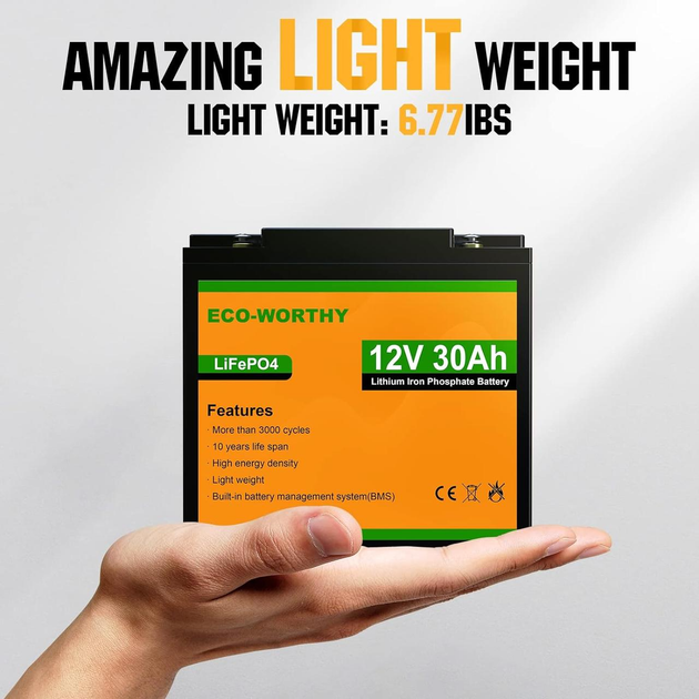 Аккумуляторная батарея ECO-WORTHY LiFePO4 12V 30Ah 384Wh литий-железо-фосфатная с BMS 3000+ циклов для солнечных систем ИБП кемпинга и электротранспорта - Фото 10 Аккумуляторная батарея ECO-WORTHY LiFePO4 12V 30Ah 384Wh литий-железо-фосфатная с BMS 3000+ циклов для солнечных систем ИБП кемпинга и электротранспорта - изображение 10
