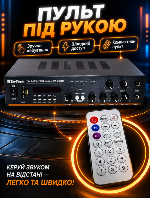 Двухканальный музыкальный усилитель для колонок с Bluetooth 5.0 и пультом ДУ 2х100 Вт с регулировкой тембра и баланса - Фото 5 Двухканальный музыкальный усилитель для колонок с Bluetooth 5.0 и пультом ДУ 2х100 Вт с регулировкой тембра и баланса - изображение 5