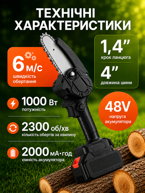 Акумуляторна міні-пилка ланцюгова 4" 48 В з 2 акумуляторами 2000 мАг, електропила для обрізки гілок у кейсі - Фото 3 Акумуляторна міні-пилка ланцюгова 4" 48 В з 2 акумуляторами 2000 мАг, електропила для обрізки гілок у кейсі - изображение 3
