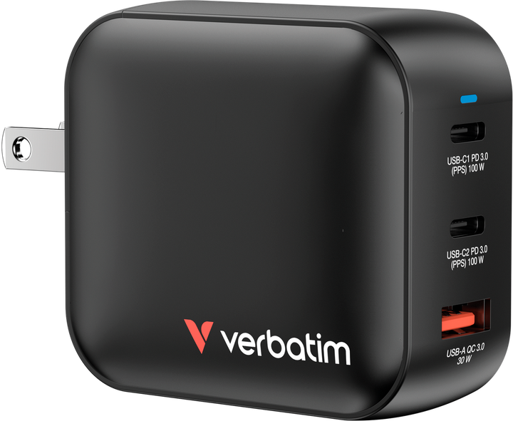 Ładowarka Verbatim Mini 32230 2xUSB-C + USB-A 100W GaN PD 3.0 PPS EU UK US (23942322306) - obraz 2