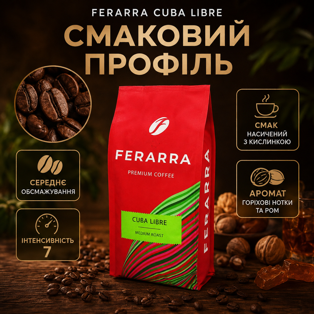 Зернова кава Ferarra Cuba Libre 1 кг ароматизована кава в зернах з кубинським ромом натуральна кава середнього обсмажування для приготування еспресо насичений напій інтенсивність 7 з кислинкою горіховим ароматом для дому кавомашини офісу - Фото 2 Зернова кава Ferarra Cuba Libre 1 кг ароматизована кава в зернах з кубинським ромом натуральна кава середнього обсмажування для приготування еспресо насичений напій інтенсивність 7 з кислинкою горіховим ароматом для дому кавомашини офісу - зображення 2