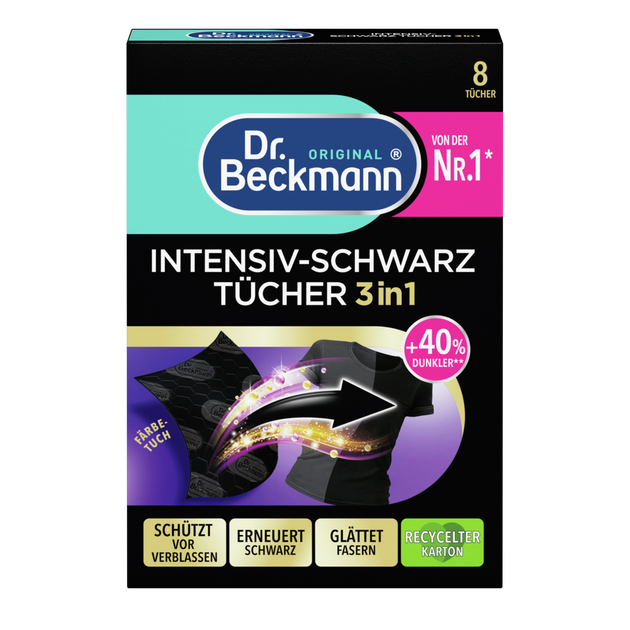 Серветки для прання чорної білизни Dr.Beckmann Intensiv-Schwarz Tucher 3in1 8шт - Фото 1 Серветки для прання чорної білизни Dr.Beckmann Intensiv-Schwarz Tucher 3in1 8шт - зображення 1