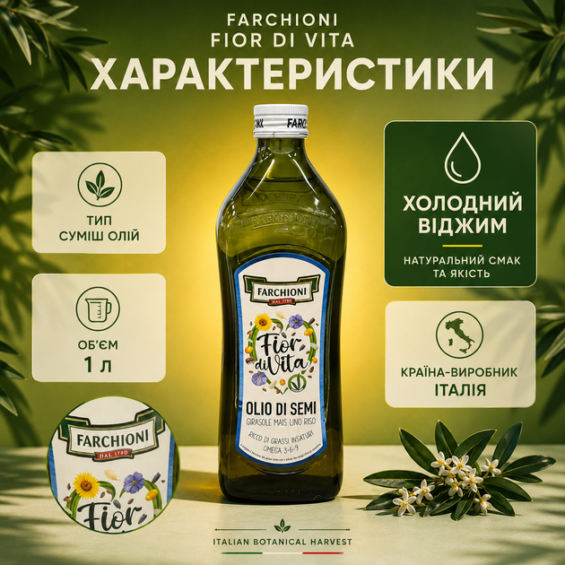 Органічна олія Farchioni Fior di Vita 1 л суміш рослинних олій холодного віджиму італійська харчова олія для домашньої кухні салатів овочевих страв заправок приготування їжі - Фото 2 Органічна олія Farchioni Fior di Vita 1 л суміш рослинних олій холодного віджиму італійська харчова олія для домашньої кухні салатів овочевих страв заправок приготування їжі - зображення 2