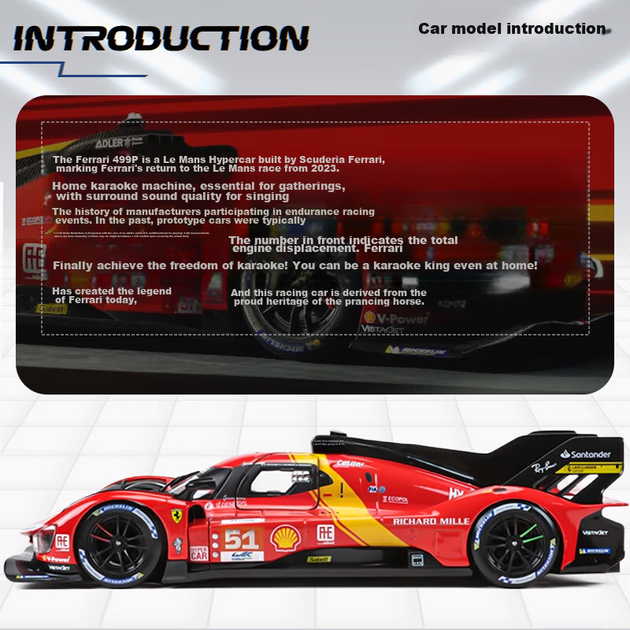 Масштабна модель автомобіля Ferrari 499P чемпіона Ле-Мана Bimeigao 1:24, легкосплавна іграшка для хлопчиків, новорічний подарунок - зображення 4