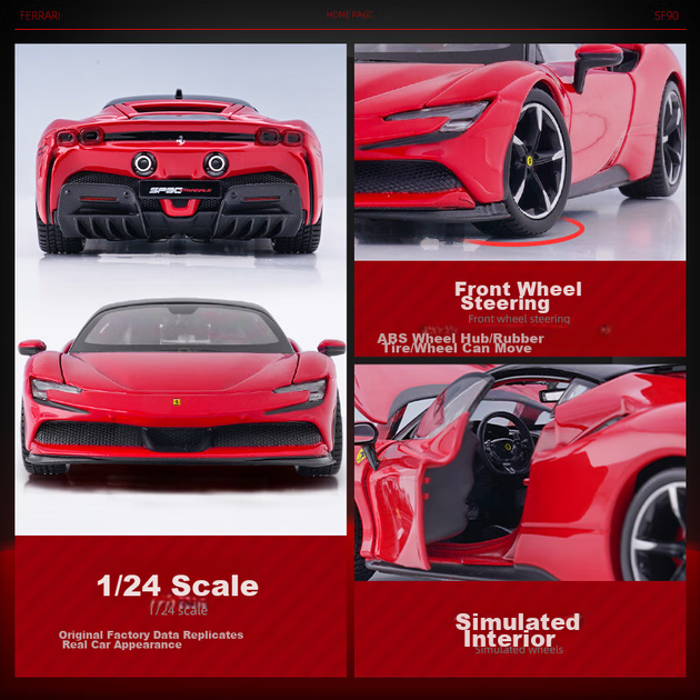 Bimeigao 1:24 Ferrari Модель SF90 сплаву іграшковий автомобіль гоночна симуляційна модель подарунок для хлопчика - зображення 12