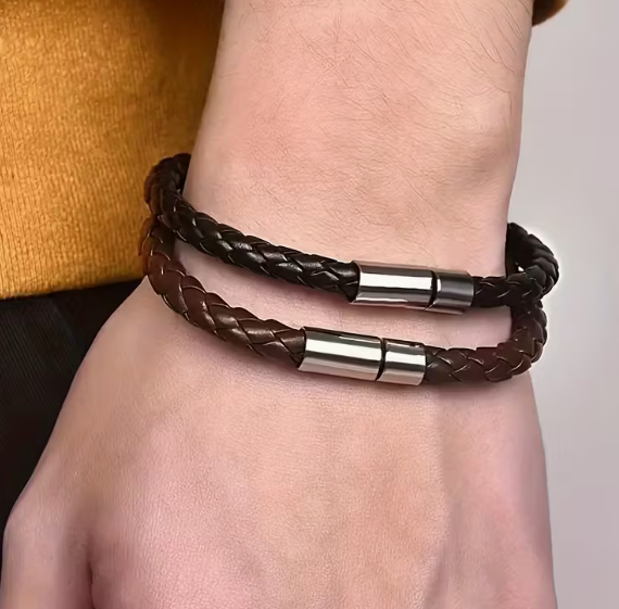 Комплект 2 стильних плетених браслетів Retro Braided, чорний з коричневим, для чоловіків з екошкіри - изображение 2