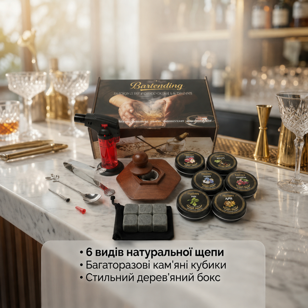 Набор для копчения коктейлей Bartending, шестиугольный коптильник из тёмного дерева с полным набором барных аксессуаров - изображение 2