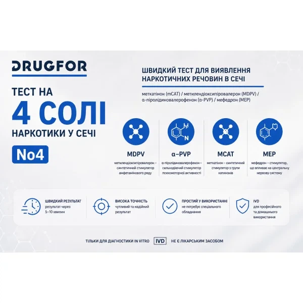 Тест на 4 соли наркотики в моче No4 (MDPV, α-PVP, MCAT, MEP) DRUGFOR - Фото 3 Тест на 4 соли наркотики в моче No4 (MDPV, α-PVP, MCAT, MEP) DRUGFOR - изображение 3