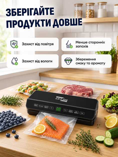 Вакууматор для продуктов Zepline вакуумный упаковщик 200 Вт запайщик пакетов бытовой LED подсветка пищевой герметизатор пищи сенсорный сухих влажных сыпучих продуктов 20 пакетов ролики - изображение 3