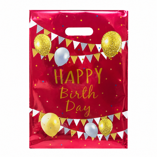 Пакети для солодощів 16х25 см Happy birthday з тисненням фольгою Упаковка 10 штук Червоний - Фото 3 Пакети для солодощів 16х25 см Happy birthday з тисненням фольгою Упаковка 10 штук Червоний - зображення 3