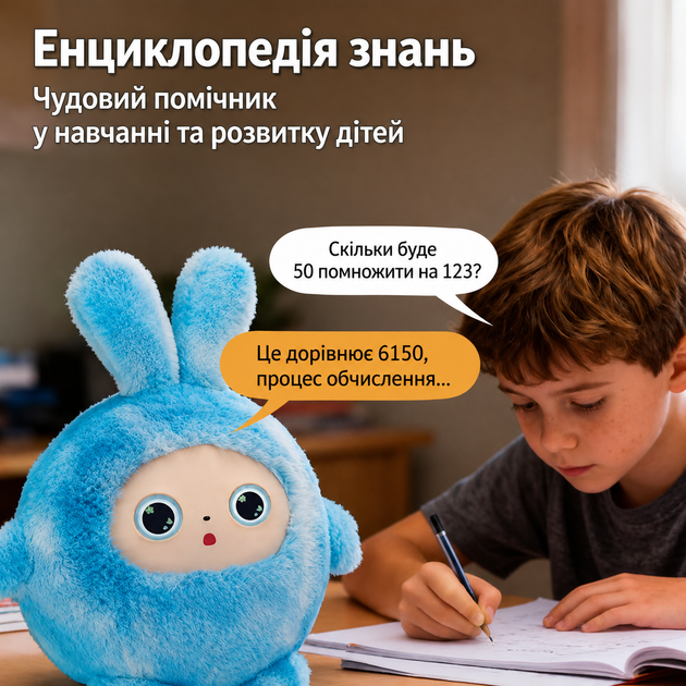 Голубая Интерактивная плюшевая игрушка с ИИ с голосовым управлением и LED глазами - изображение 3