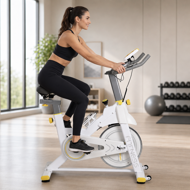 Велотренажер Everfit Spin Bike Q3 Белый с ременным приводом, ЖК-дисплеем, регулировкой скорости до 150 кг - изображение 2