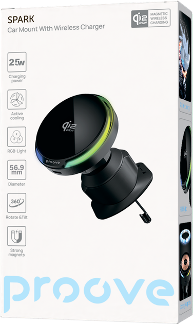 Автотримач для телефону з бездротовою зарядкою Proove Spark Qi2.2 25W Black (665680001) - Фото 9 Автотримач для телефону з бездротовою зарядкою Proove Spark Qi2.2 25W Black (665680001) - зображення 9