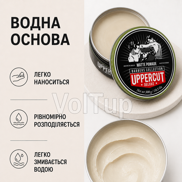 Професійна матова помада UPPERCUT DELUXE Matt Pomade Barber Tin 300 Г на водній основі, стайлінг для барбершопу - зображення 4