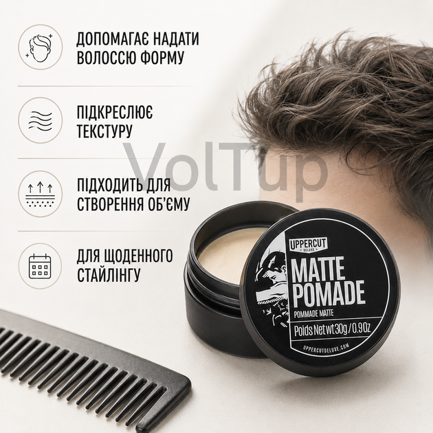 Мужская матовая помада UPPERCUT DELUXE Matt Pomade 30 Г на водной основе, средство для фиксации, объёма и текстуры - изображение 4