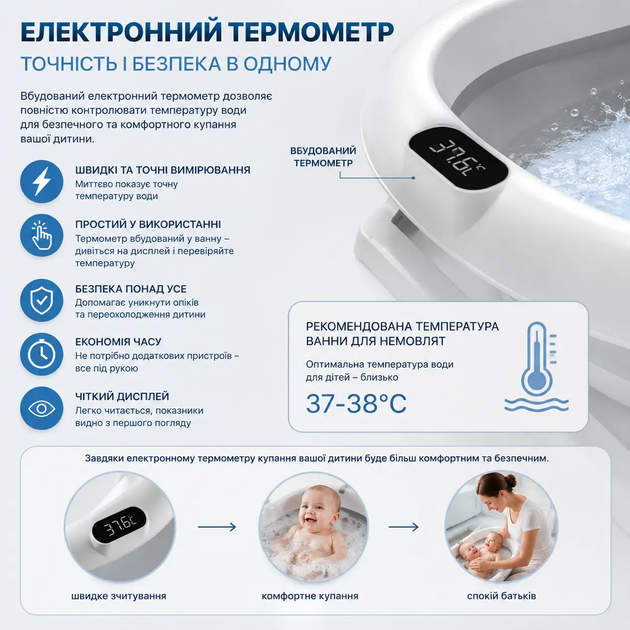 Детская складная ванночка Hanert Kinderbad Grey с термометром и подушкой, анатомическая ванна для купания малышей - изображение 4