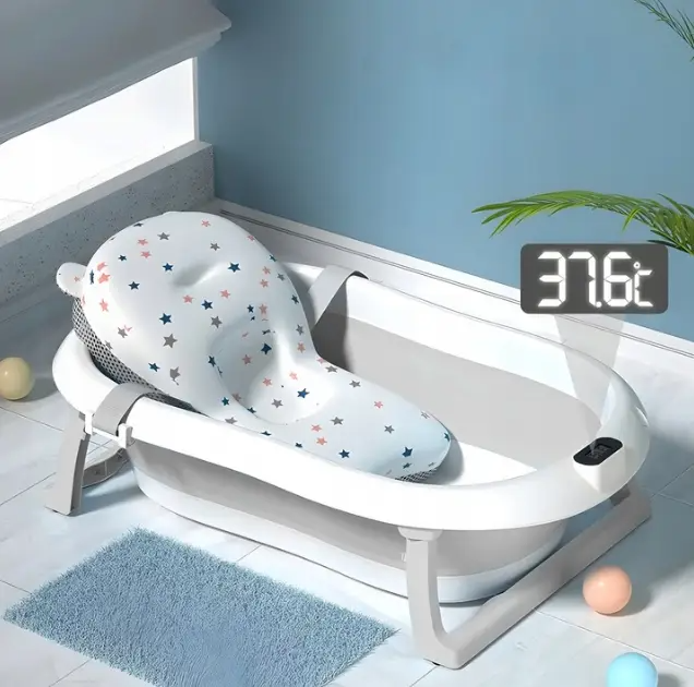 Детская складная ванночка Hanert Kinderbad Grey с термометром и подушкой, анатомическая ванна для купания малышей - изображение 5