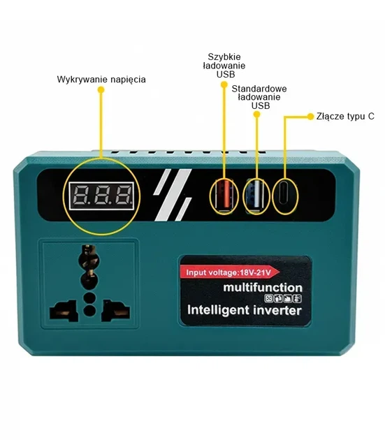 Перетворювач напруги 18–21V → 220V 150W для акумуляторів Makita | Інвертор з USB, USB-C та LED-дисплеєм - зображення 5