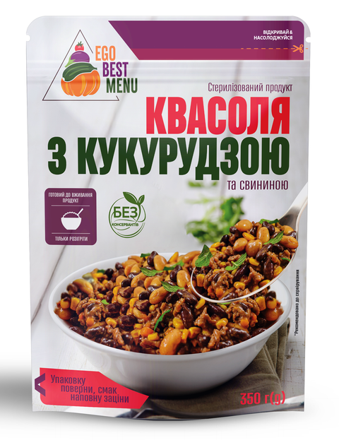 Готова друга страва Ego Best Menu Квасоля з кукурудзою та свининою 350г - Фото 1 Готова друга страва Ego Best Menu Квасоля з кукурудзою та свининою 350г - зображення 1