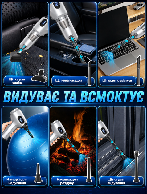 Портативный беспроводной пылесос для авто с 7 насадками и функцией выдува воздуха - изображение 3