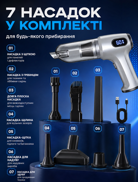 Портативный беспроводной пылесос для авто с 7 насадками и функцией выдува воздуха - изображение 10