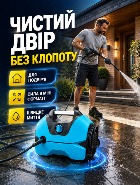 Портативная мини мойка высокого давления для мытья авто и дома с экономией воды до 70% двигатель 2200 Вт давление до 150 бар шланг 5 м - изображение 5