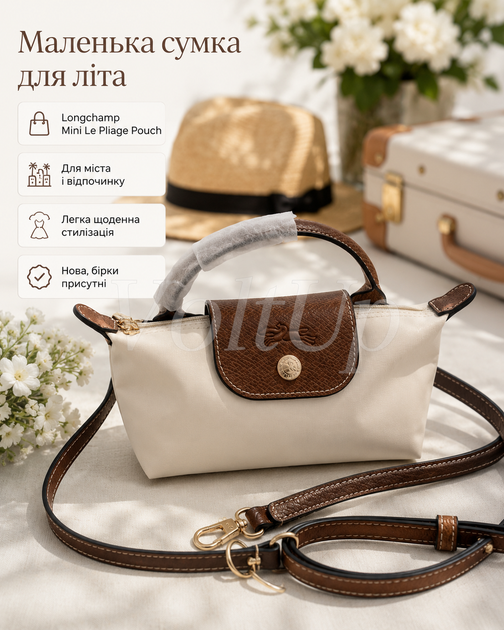 Сумка Longchamp Mini Le Pliage Pouch белая - маленькая летняя кросс-боди с длинным ремнем для телефона и мелких вещей - изображение 3
