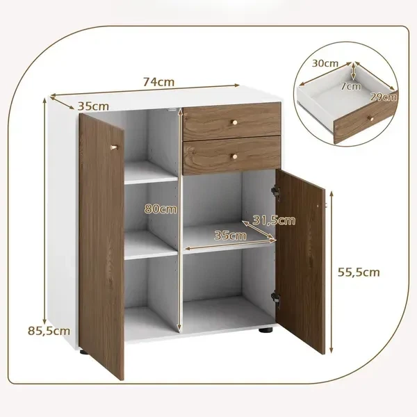 Комод з 2 шухлядами, 2 дверцятами та 3 полицями, 74×35×85,5 см, колір натурального дерева - зображення 2