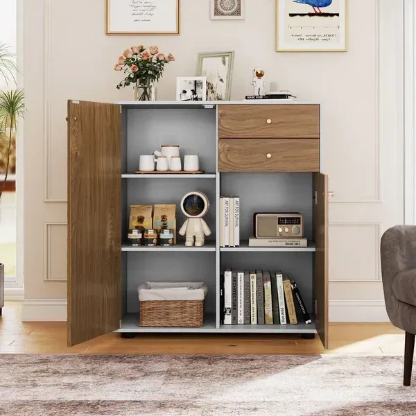 Комод з 2 шухлядами, 2 дверцятами та 3 полицями, 74×35×85,5 см, колір натурального дерева - зображення 3