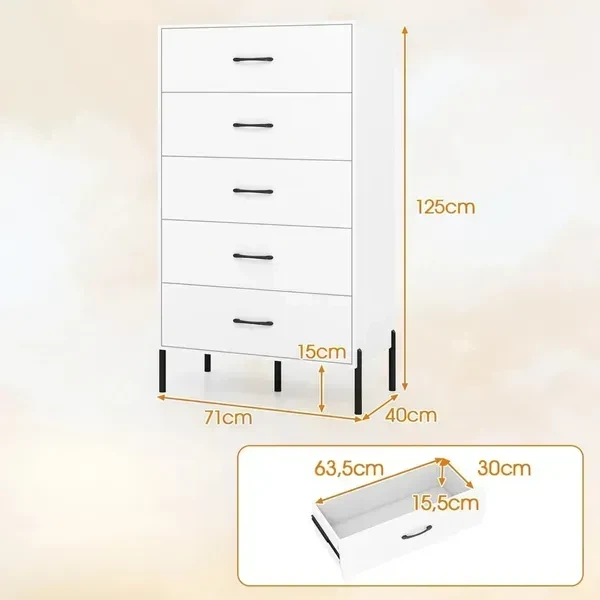 Высокий комод с 5 ящиками, 71×40×125 см, белый + черный - Фото 2 Высокий комод с 5 ящиками, 71×40×125 см, белый + черный - изображение 2