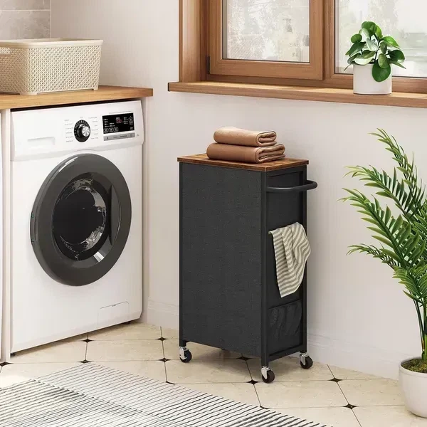 Узкая корзина для белья SONGMICS 40×24×74 см на колёсах с верхней полкой, коричнево-чёрная - изображение 2