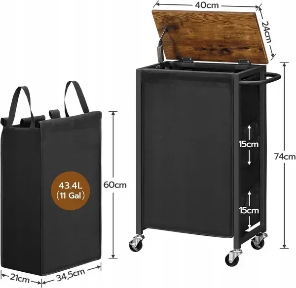 Узкая корзина для белья SONGMICS 40×24×74 см на колёсах с верхней полкой, коричнево-чёрная - изображение 3