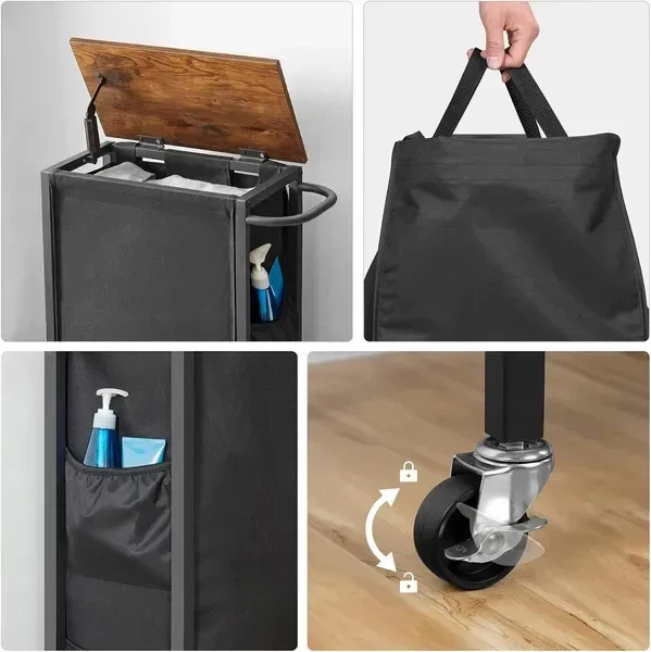 Узкая корзина для белья SONGMICS 40×24×74 см на колёсах с верхней полкой, коричнево-чёрная - изображение 5