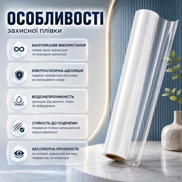 Прозрачная универсальная защитная пленка 60 см × 5 м для мебели, стен и бытовой техники, электростатическая, влагостойкая от жира, брызг и загрязнений в рулоне - изображение 2