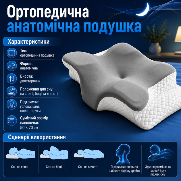 Ортопедическая подушка для сна на спине боку и животе Анатомическая модель от боли в шее Эргономичный валик под голову Спальная принадлежность с двусторонней высотой - изображение 4