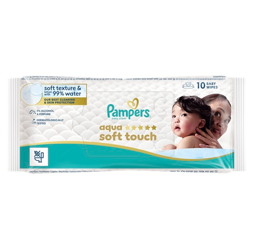Вологі серветки Pampers Aqua Soft Touch з 99% води 10 шт - Фото 1 Вологі серветки Pampers Aqua Soft Touch з 99% води 10 шт - изображение 1