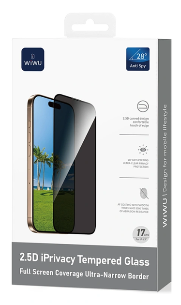 Захисне скло iPhone 17 Pro антишпион 2.5D iPrivacy Tempered Glass Wiwu - Фото 1 Захисне скло iPhone 17 Pro антишпион 2.5D iPrivacy Tempered Glass Wiwu - зображення 1
