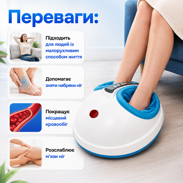 Електричний масажер для ніг Shiatsu Foot Massager 45 Вт Роликовий прилад ступнів із повітряною компресією Вібромасажер домашнього використання Апарат лімфодренажного масажу - зображення 2