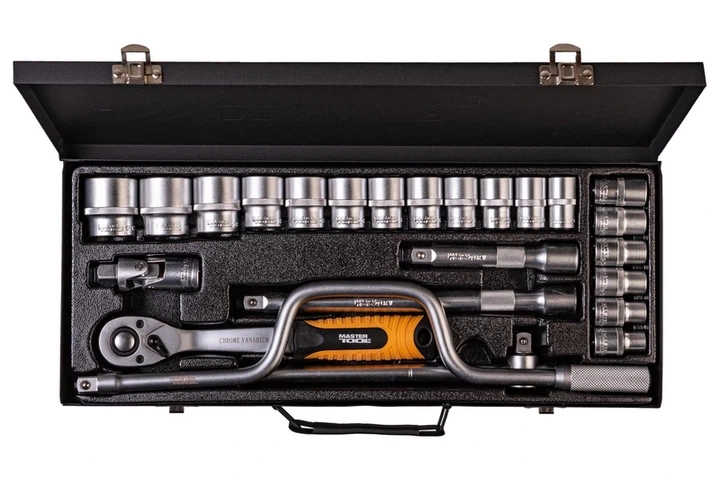 Набір головок 1/2" 10–32 мм, CrV (50BV30), тріскачка 72Т, гнутий вороток, 24 шт, металевий кейс, PRO MASTERTOOL 78-4125 - зображення 3