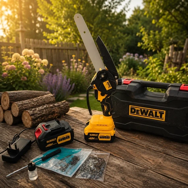 Аккумуляторная минипила DeWalt ручная цепная электропила беспроводная компактная 8 дюймов 48 В 6 А·ч шина 20 см для обрезки деревьев веток сада дачи древесины с автоматической смазкой тормозом 2 АКБ - изображение 5