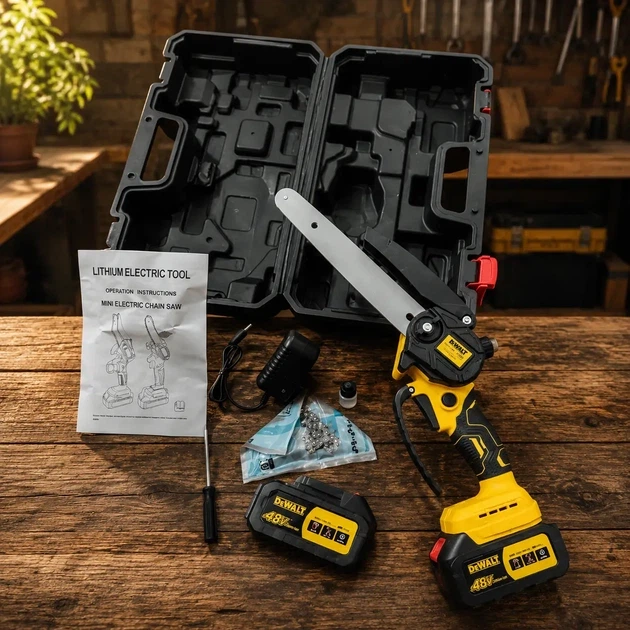 Аккумуляторная минипила DeWalt ручная цепная электропила беспроводная компактная 8 дюймов 48 В 6 А·ч шина 20 см для обрезки деревьев веток сада дачи древесины с автоматической смазкой тормозом 2 АКБ - изображение 6