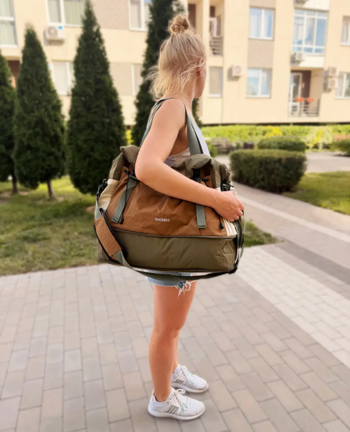 Сумка дорожная спортивная женская с отделением для обуви влажных вещей съемным регулируемым плечевым ремнем ручками (484383-Prob) Зеленая - Фото 7 Сумка дорожная спортивная женская с отделением для обуви влажных вещей съемным регулируемым плечевым ремнем ручками (484383-Prob) Зеленая - изображение 7